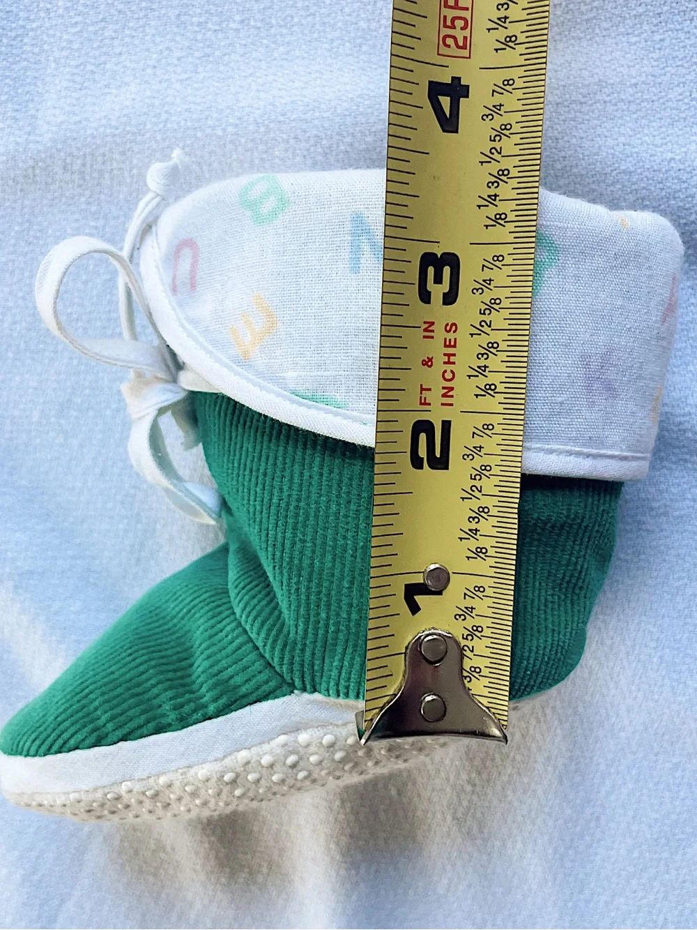 VINTAGE HANDMADE 50s 60s 70s Booties Green Corduroy Alphabet Baby Slippers